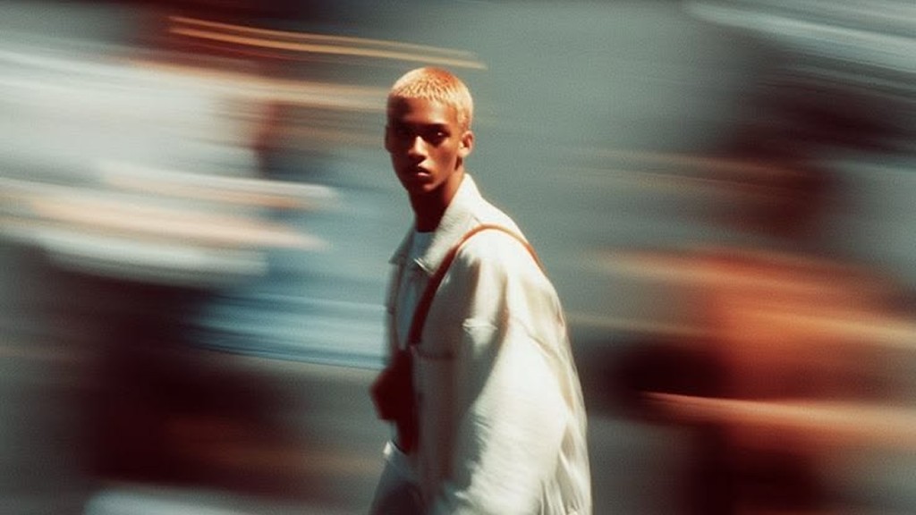 A person in a white jacket looking back through a motion-blurred street