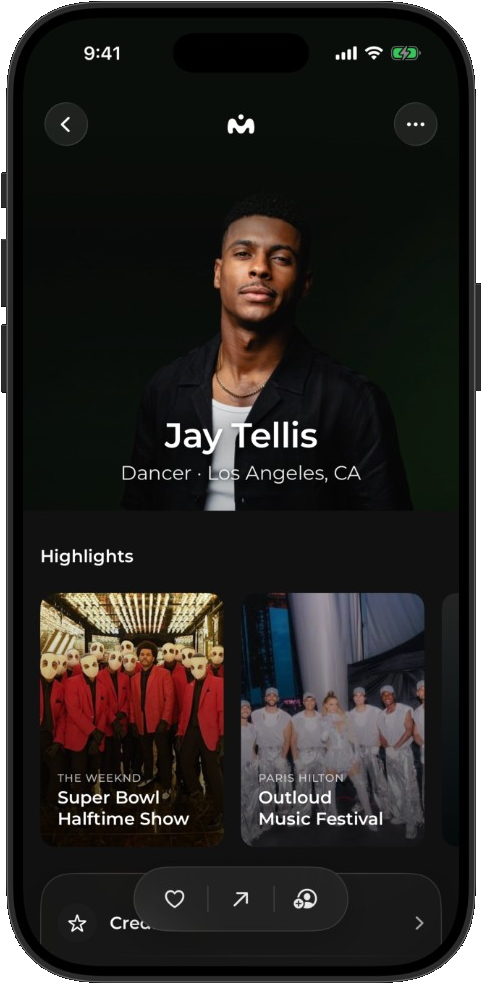 Motiion mobile app profile for Jay Tellis, with career highlights